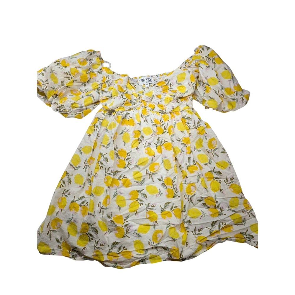 Trixxi Los Angeles Lemon Print Puff Sleeve Mini Dress Yellow White Medium